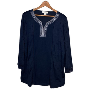 CJ Banks‎ 1X Blue Embroidered V-Neck Stretch Lace Mixed Media Blouse Top Plus